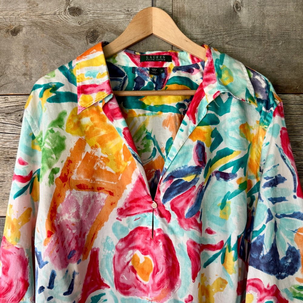 Lauren Ralph Lauren Floral Watercolor Cotton Popover Top 3X Multi Light Flowy - Picture 2 of 7